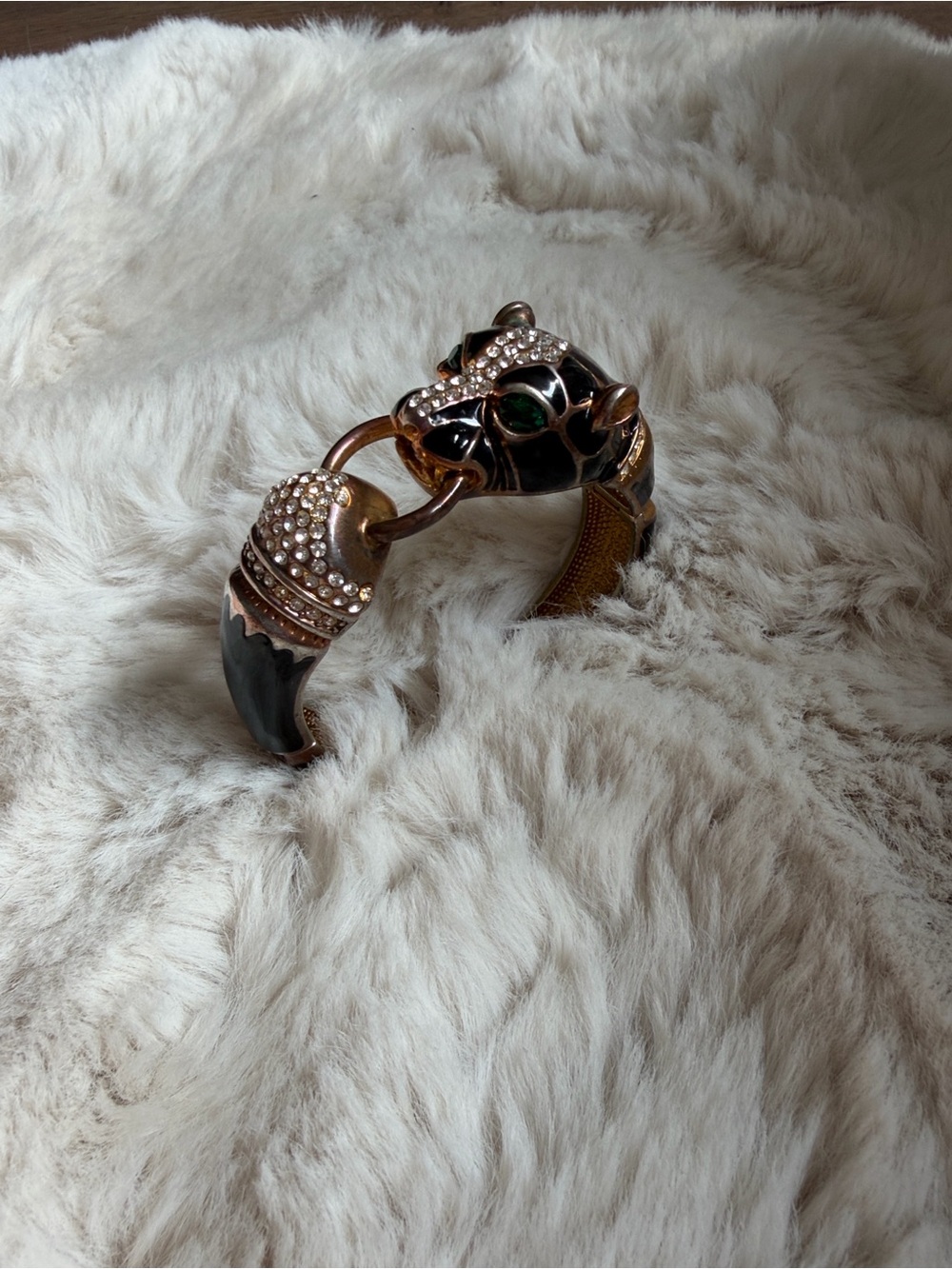 Vintage Gold and Black Panther Claw Bracelet with Green Eyes